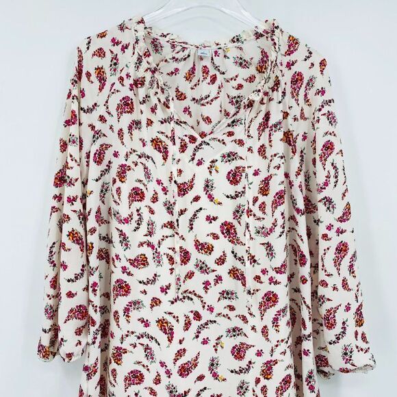 Old Navy Size Small Long Sleeve Tie Neck Cream & Pink Floral Paisley Midi Dress - Picture 2 of 10